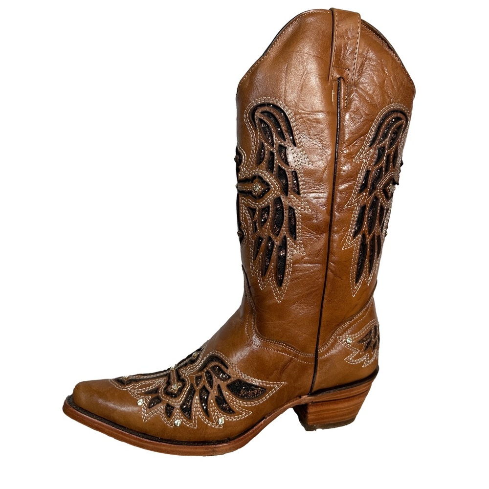 Seven Stars Brown Western Leather Boots pointed toe cross inlay‎